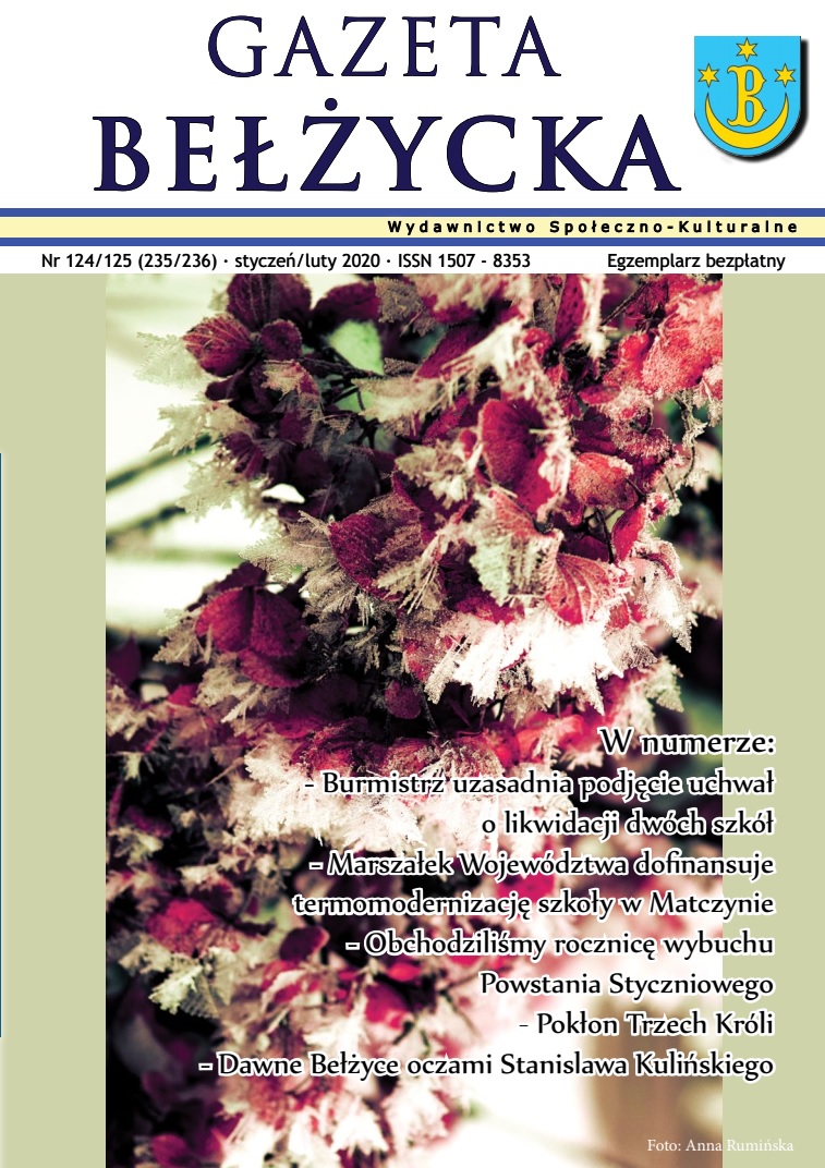 Grafika przedstawia okładkę Gazety Bełżyckiej wydanie marcowe w roku 2020.