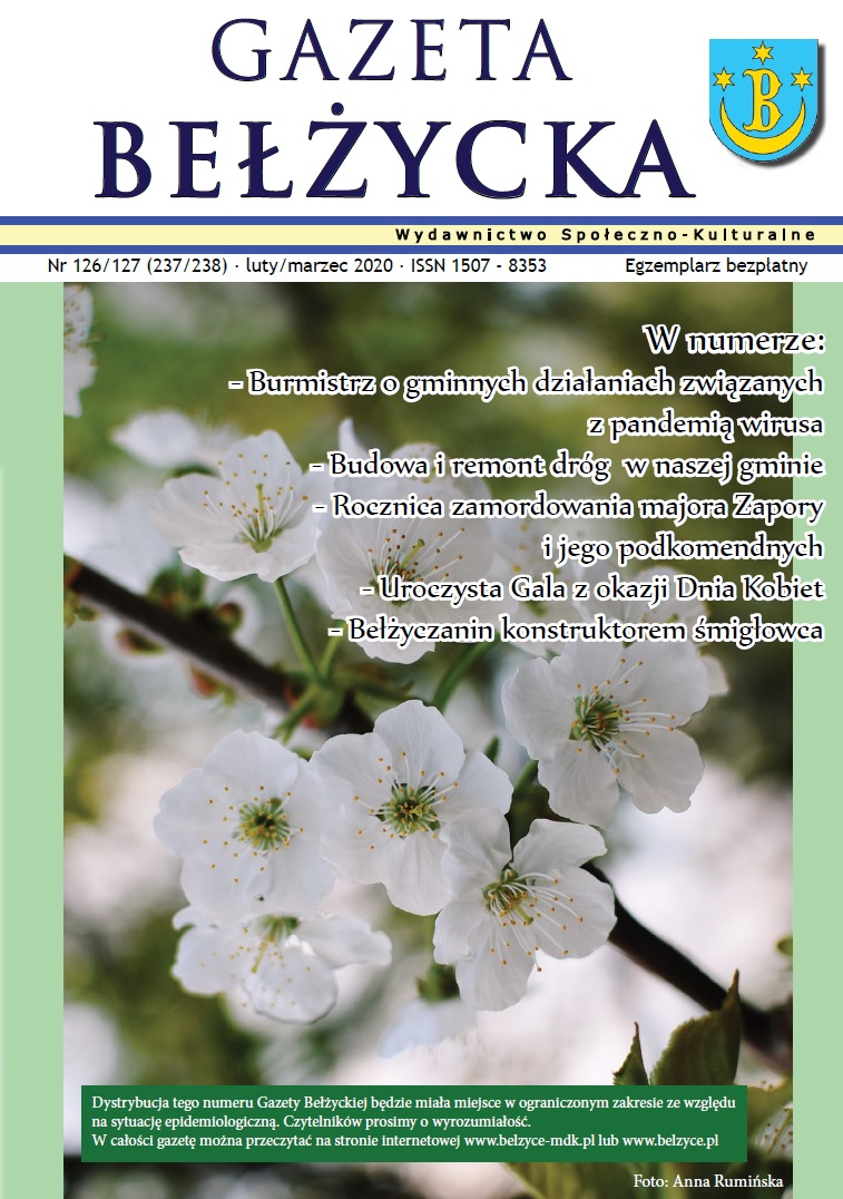 Grafika przedstawia okładkę Gazety Bełżyckiej wydanie kwietniowe w roku 2020.