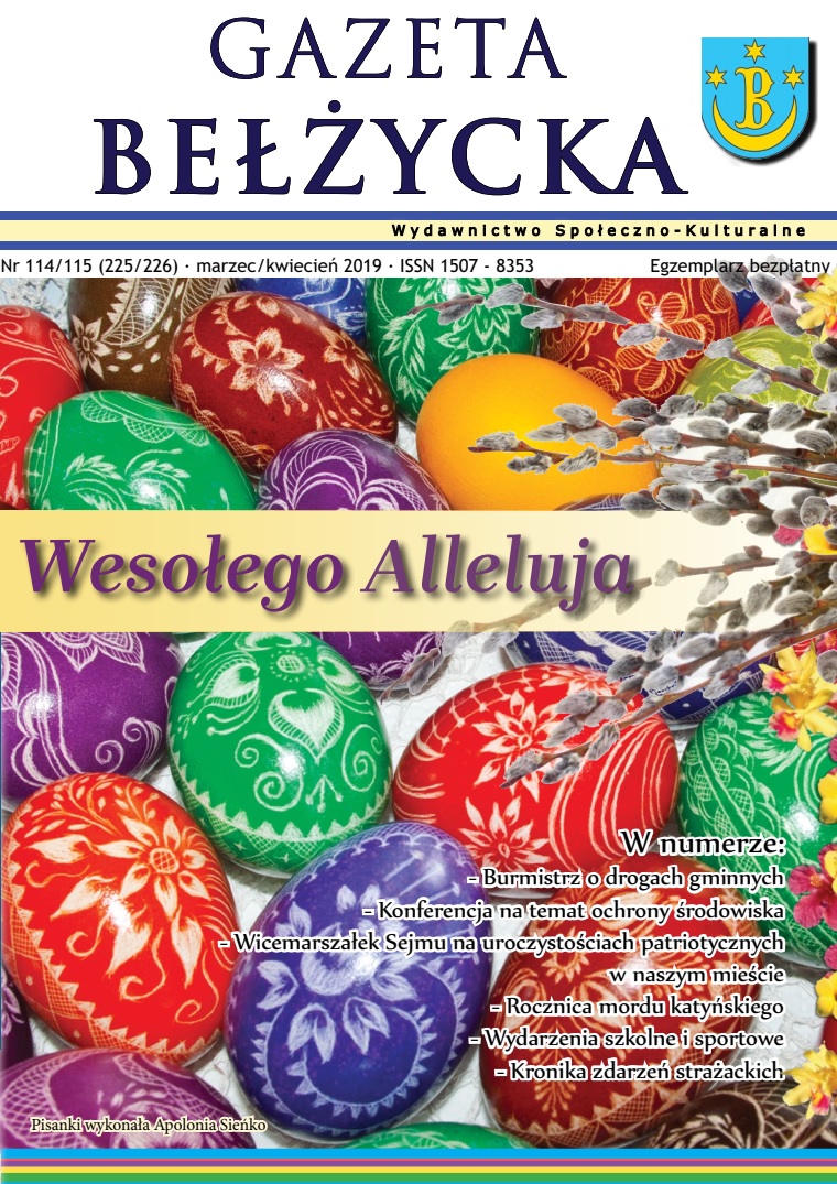 Grafika przedstawia okładkę Gazety Bełżyckiej wydanie kwiecień w roku 2019.