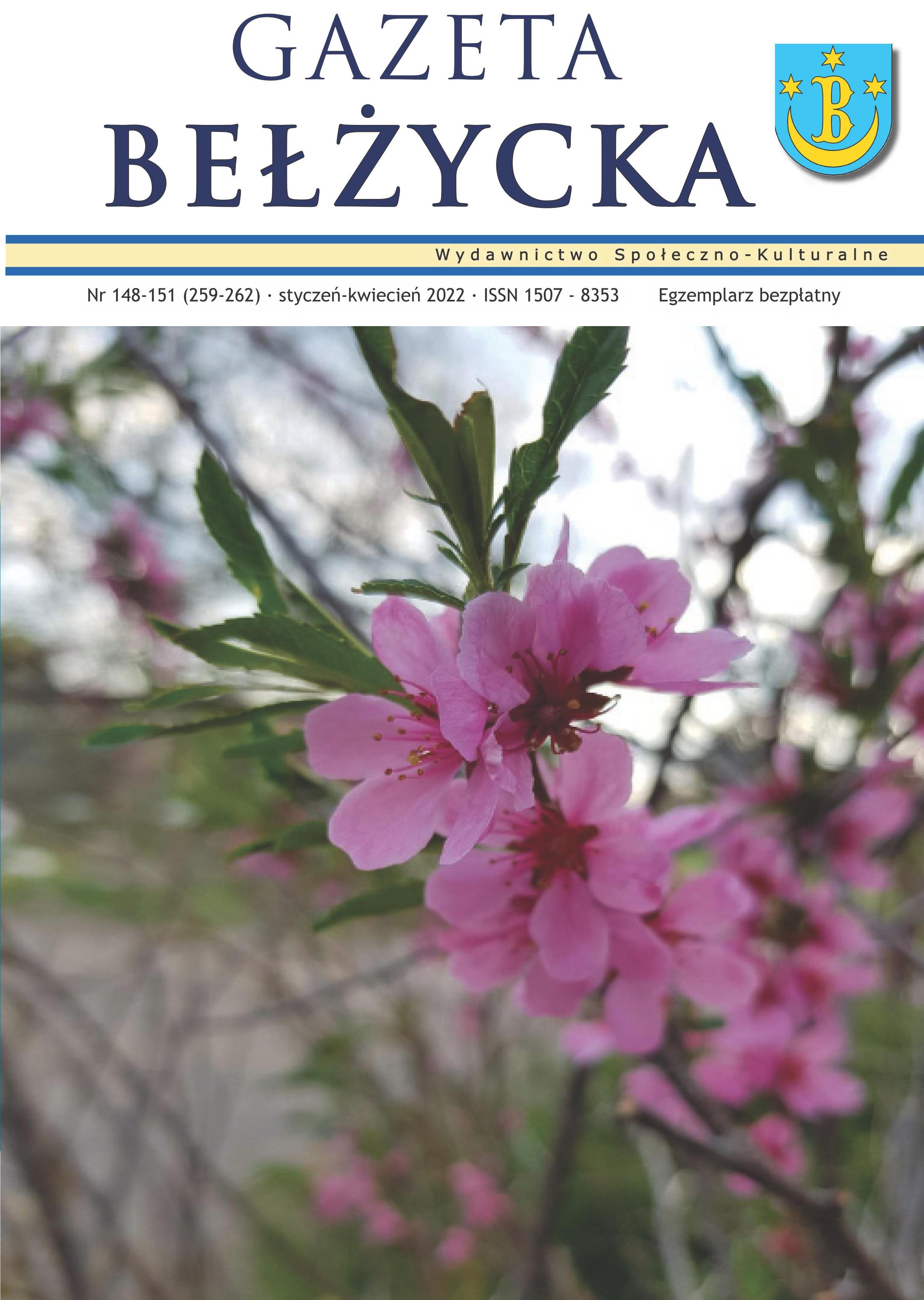 Grafika przedstawia okładkę Gazety Bełżyckiej wydanie styczniowe w roku 2022.