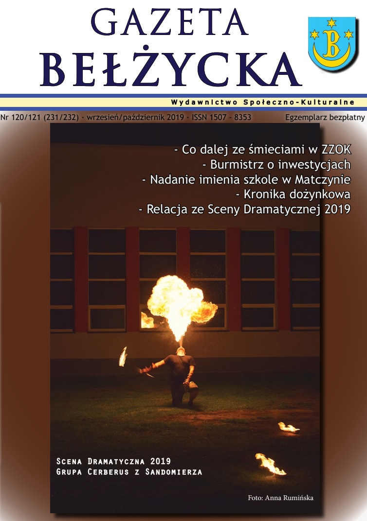 Grafika przedstawia okładkę Gazety Bełżyckiej wydanie październikowe w roku 2019.